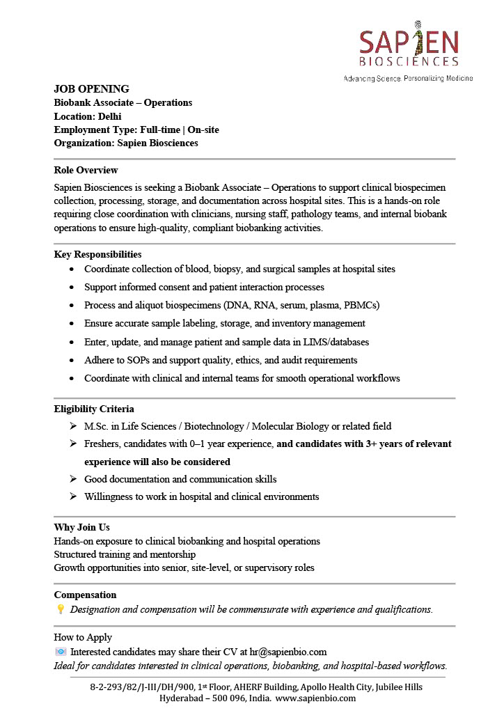 JD - Biobank Associate - Delhi